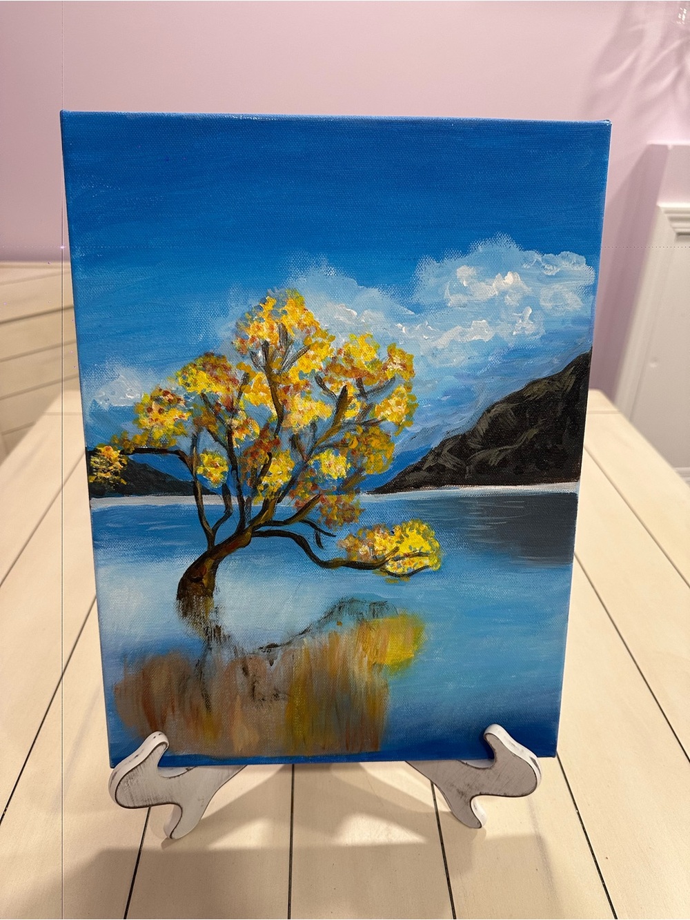 Blue Lake Tree Canvas Art - Yellow Foliage